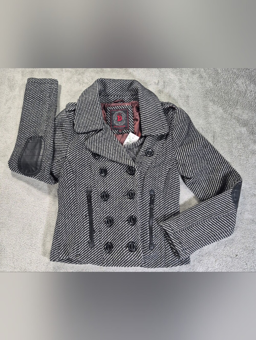 NWT Dollhouse Black & White Herringbone Pea Coat Sz M